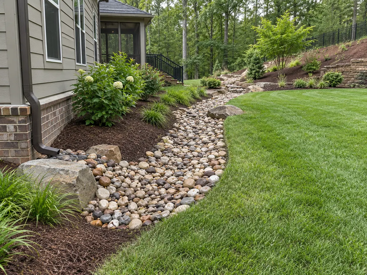 A finished river-rock drainage swale beside a landscaped yard